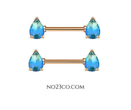 14G Surgical Steel 316L Nipple Bars Piercing with Teardrops Blue Ombre Rose Gold - No23Co