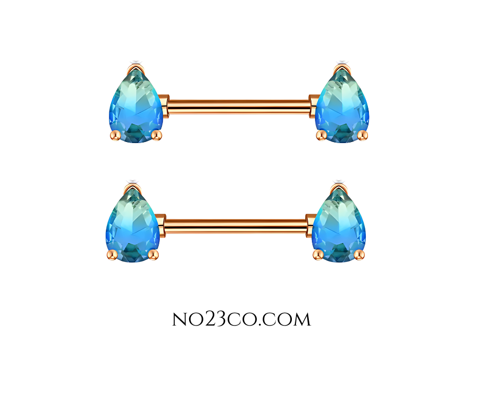 14G Surgical Steel 316L Nipple Bars Piercing with Teardrops Blue Ombre Rose Gold - No23Co