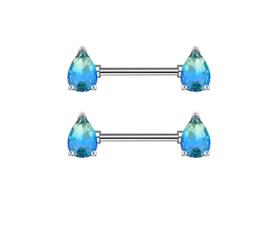 14G Surgical Steel 316L Nipple Bars Piercing with Teardrops Blue Ombre Silver