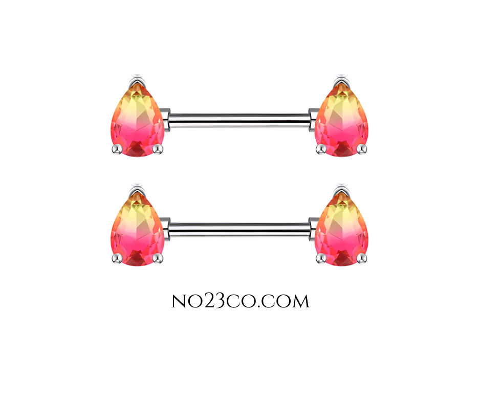 14G Surgical Steel 316L Nipple Bars Piercing with Teardrops Orange Ombre Silver - No23Co