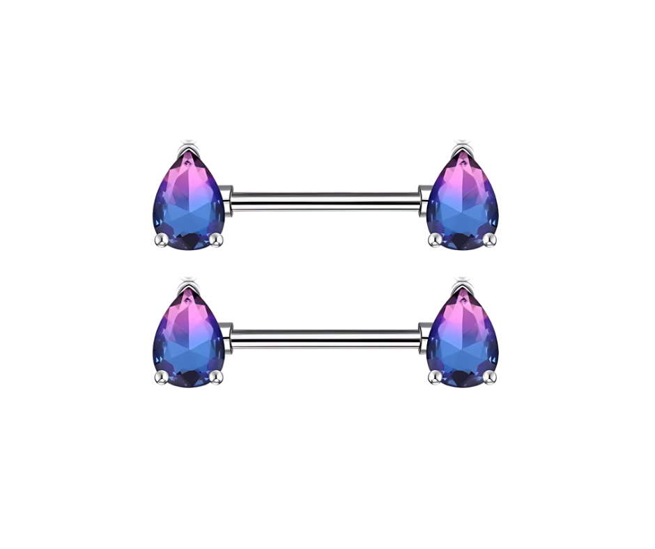 14G Surgical Steel 316L Nipple Bars Piercing with Teardrops Purple Ombre Silver