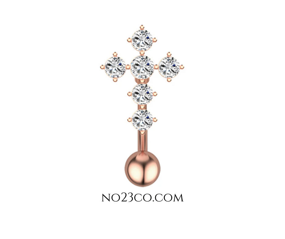 14G Surgical Steel Rose Gold Inverted Cross Navel Ring Belly Button Piercing with 5A Cubic Zirconia - No23Co