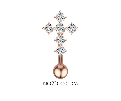 14G Surgical Steel Rose Gold Inverted Cross Navel Ring Belly Button Piercing with 5A Cubic Zirconia - No23Co