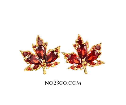 18K Gold Plated Maple Leaf Stud Earrings with Brown Zirconia – 925 Silver Ear Piercing - No23Co