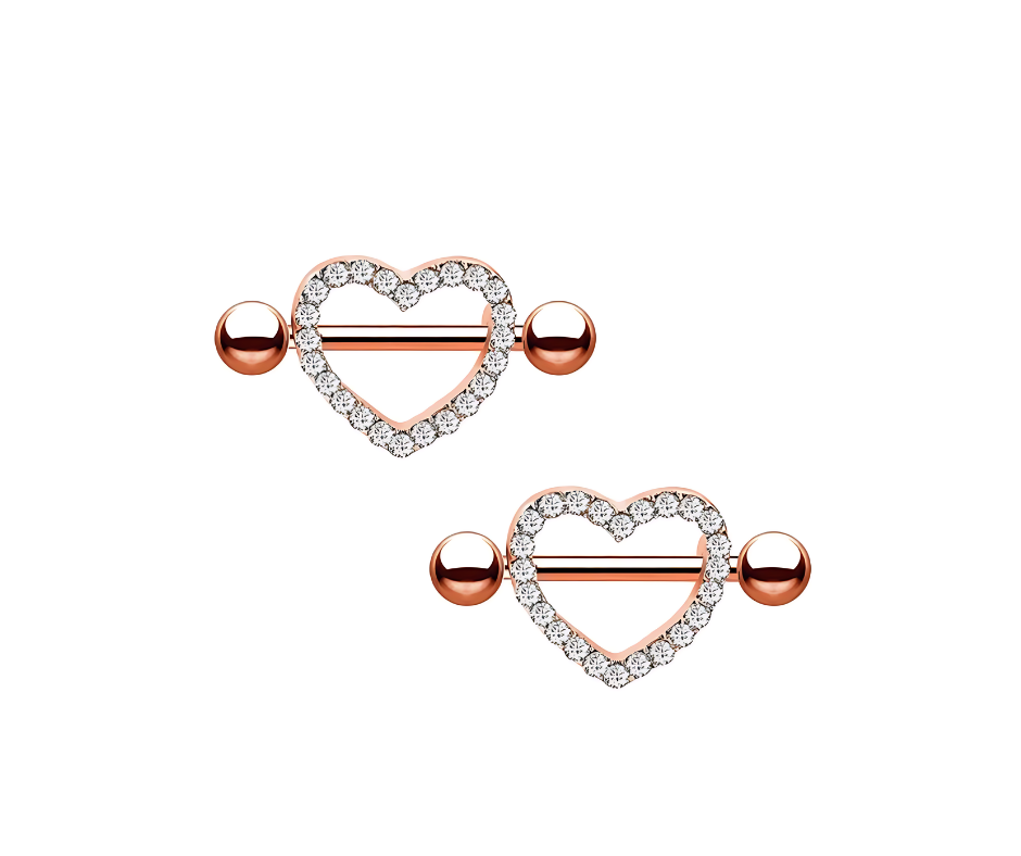 16G Rose Gold Heart Nipple Piercing Shield Bars Jewelry - Surgical Steel 316L