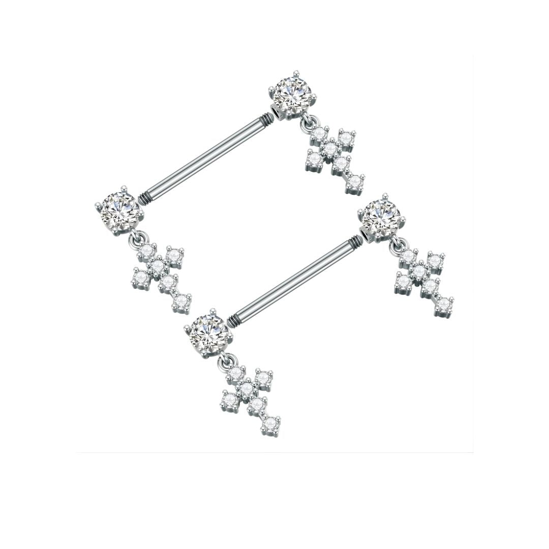 Silver Nipple Bars with Cross Dangly Ends  - 14G Surgical Steel 316L