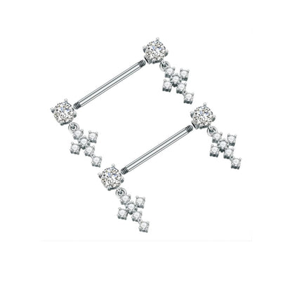 Silver Nipple Bars with Cross Dangly Ends  - 14G Surgical Steel 316L