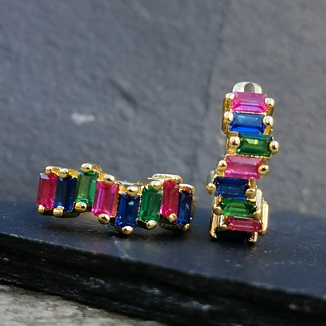 18K Gold Plated 925 Sterling Silver Huggies Ear Piercing with Rainbow 5A Zirconia