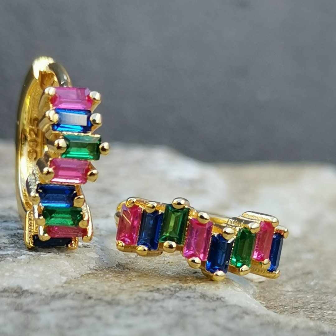 18K Gold Plated 925 Sterling Silver Huggies Ear Piercing with Rainbow 5A Zirconia