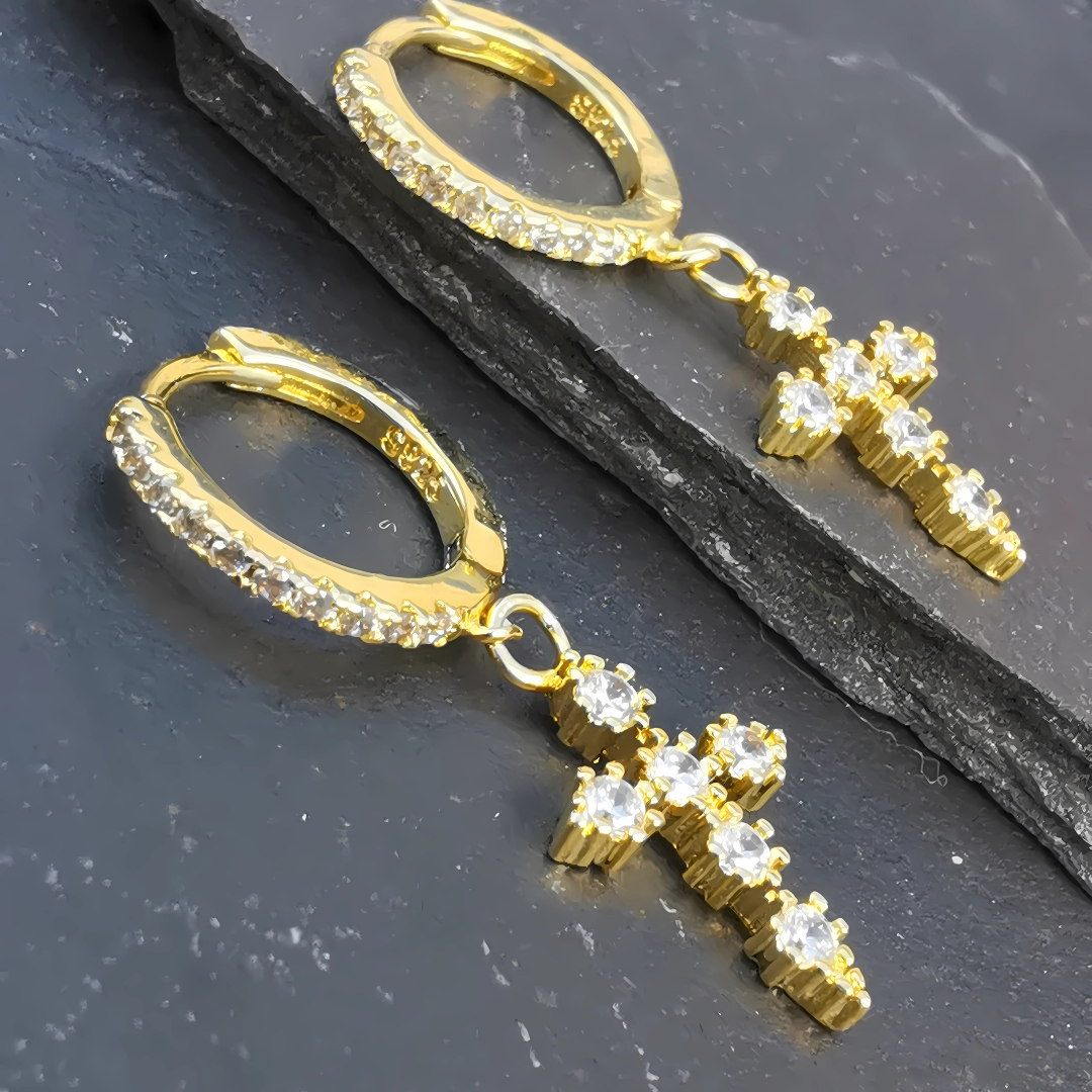 18K Gold Plated 925 Sterling Silver Cross CZ Droplets Earrings Piercing