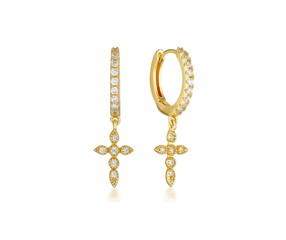 18K Gold Plated 925 Sterling Silver Cross Earrings with Sparkling CZ Droplet Accents