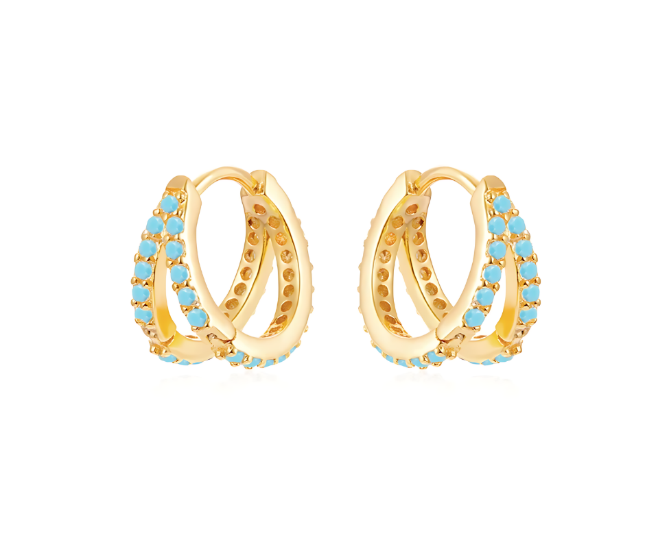 18K Gold Plated 925 Sterling Silver Double Turquoise Huggies , Ear Piercing