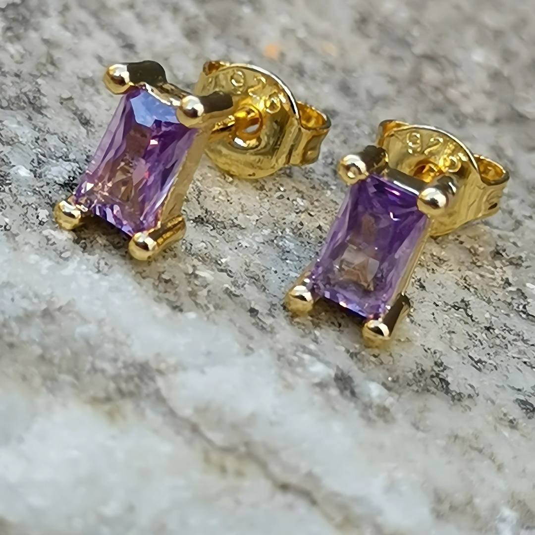 18K Gold Plated 925 Sterling Silver Earrings Lilac/Purple Rectangle Stud - Ear Piercing