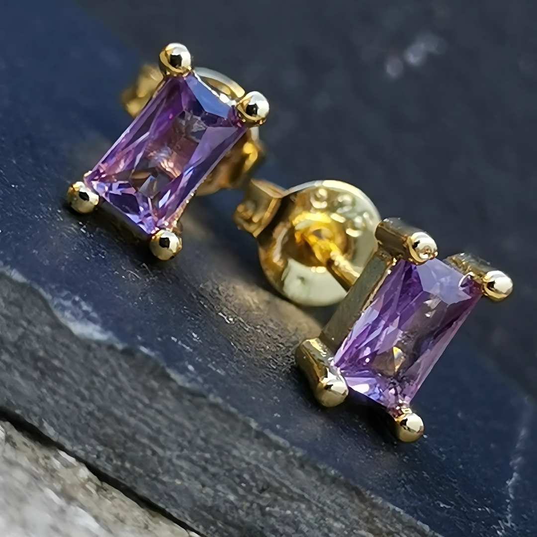 18K Gold Plated 925 Sterling Silver Earrings Lilac/Purple Rectangle Stud Ear Piercing