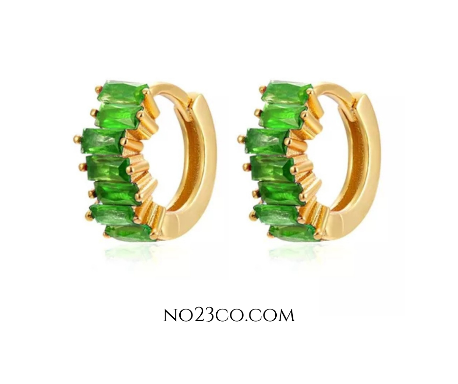 18K Gold Plated 925 Sterling Silver Huggies Ear Piercing with Green 5A Zirconia - No23Co