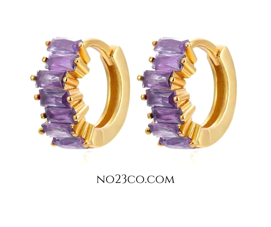 18K Gold Plated 925 Sterling Silver Huggies Ear Piercing with Lilac Purple Zirconia - No23Co