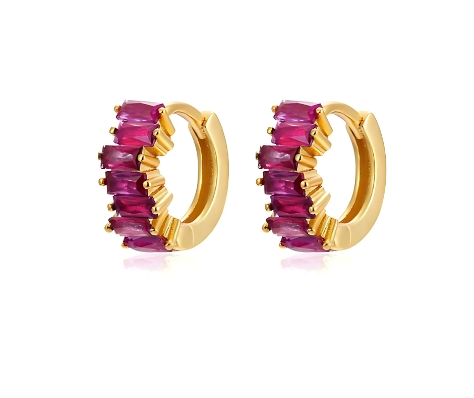 18K Gold Plated 925 Sterling Silver Huggies Ear Piercing with Magenta 5A Zirconia