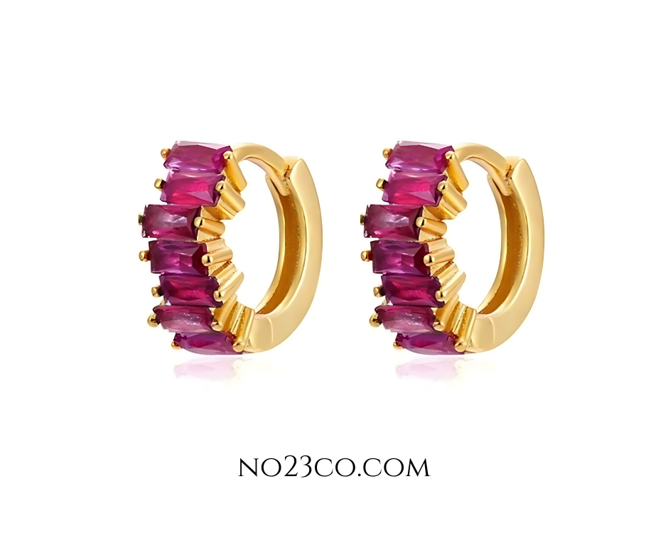 18K Gold Plated 925 Sterling Silver Huggies Ear Piercing with Magenta Zirconia - No23Co