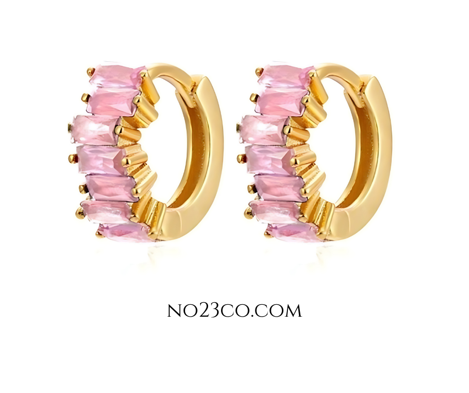 18K Gold Plated 925 Sterling Silver Huggies Ear Piercing with Pink 5A Zirconia - No23Co