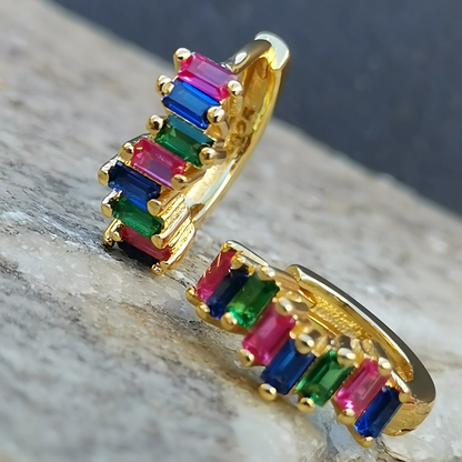 18K Gold Plated 925 Sterling Silver Huggies Ear Piercing with Rainbow 5A Zirconia