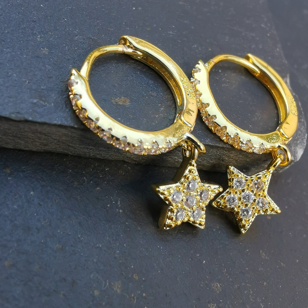 18K Gold Plated Earrings 925 Sterling Silver Star and CZ Droplets - Ear Piercing