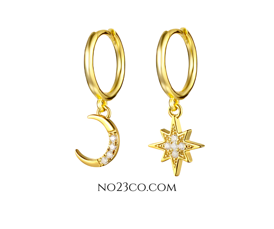 18K Gold Plated Earrings 925 Sterling Silver Star and Moon Droplets - Ear Piercing - No23Co