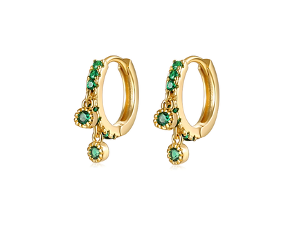 18K Gold Plated Sterling Silver 925 Green Emerald 5A Zirconia Hoop Ear Piercing Pair