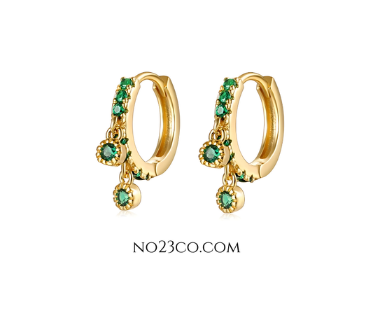 18K Gold Plated Sterling Silver 925 Green Emerald 5A Zirconia Hoop Earrings Piercing Pair - No23Co