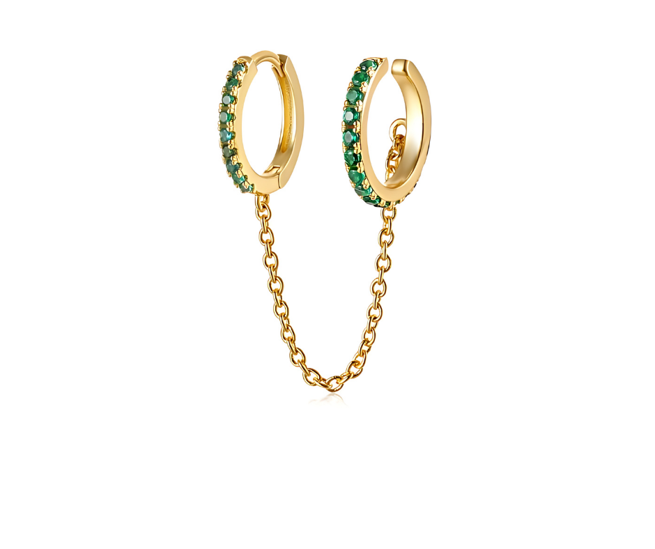 18K Gold Plated Sterling Silver 925 Green Emerald Zirconia Hoop-to-Cuff Chain Ear Piercing