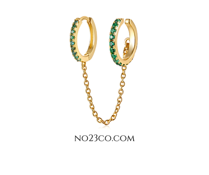 18K Gold Plated Sterling Silver 925 Green Zirconia Hoop-Cuff Chain Earring Piercing - No23Co