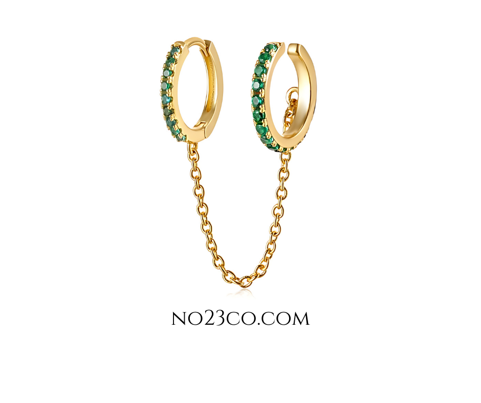 18K Gold Plated Sterling Silver 925 Green Zirconia Hoop to Cuff with Gold Chain Ear Piercing - No23Co