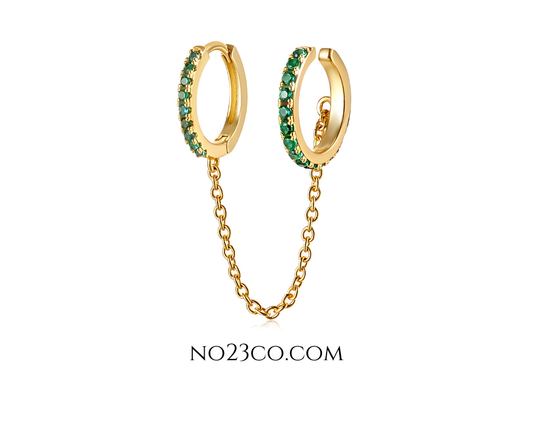 18K Gold Plated Sterling Silver 925 Green Zirconia Hoop to Cuff with Gold Chain Ear Piercing - No23Co