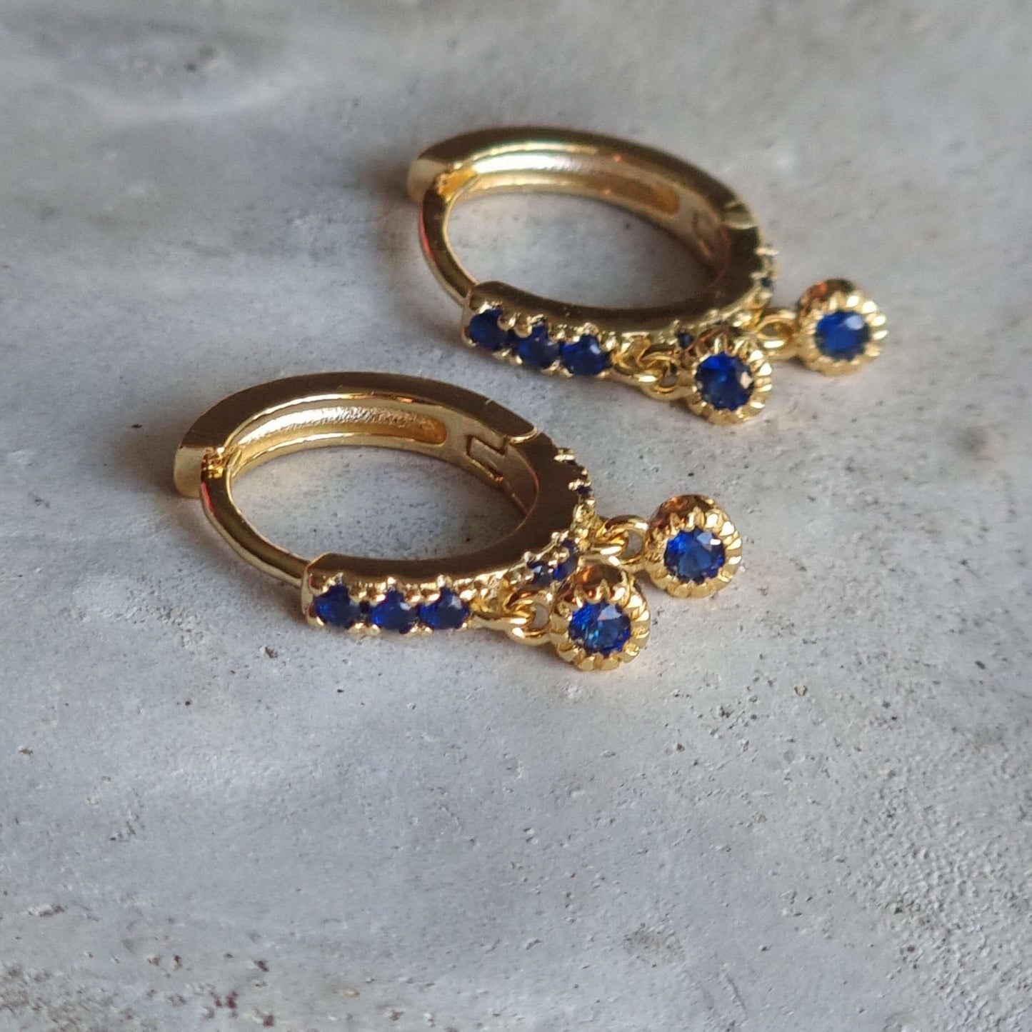 18K Gold Plated Sterling Silver 925 Royal Blue 5A Zirconia Hoop Earrings Pair