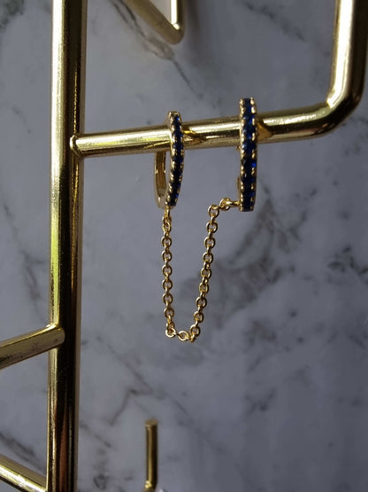 18K Gold Plated Sterling Silver 925 Royal Blue 5A Zirconia Hoop to Cuff Linked with Gold Chain Earring