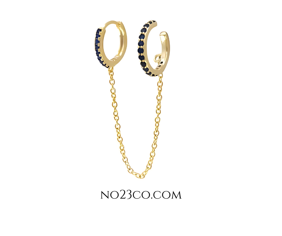 18K Gold Plated Sterling Silver 925 Royal Blue Zirconia Hoop to Cuff with Gold Chain Ear Piercing