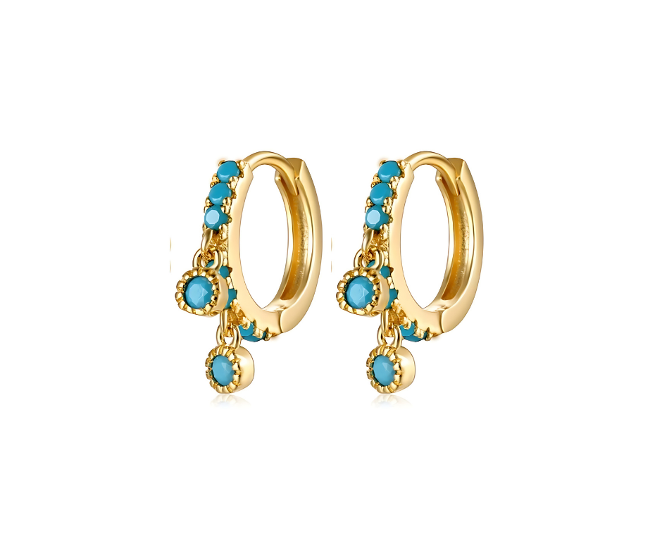 18K Gold Plated Sterling Silver 925 Turquoise 5A Zirconia Hoop Ear Piercing Pair