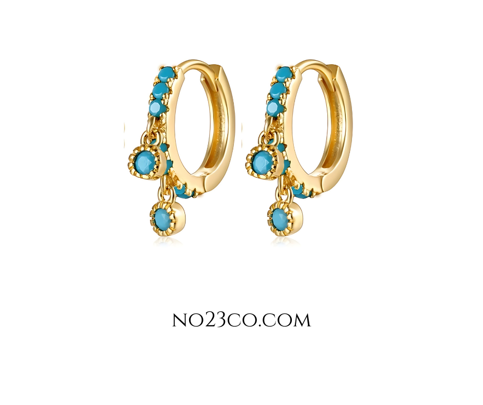 18K Gold Plated Sterling Silver 925 Turquoise 5A Zirconia Hoop Earrings Piercing Pair - No23Co