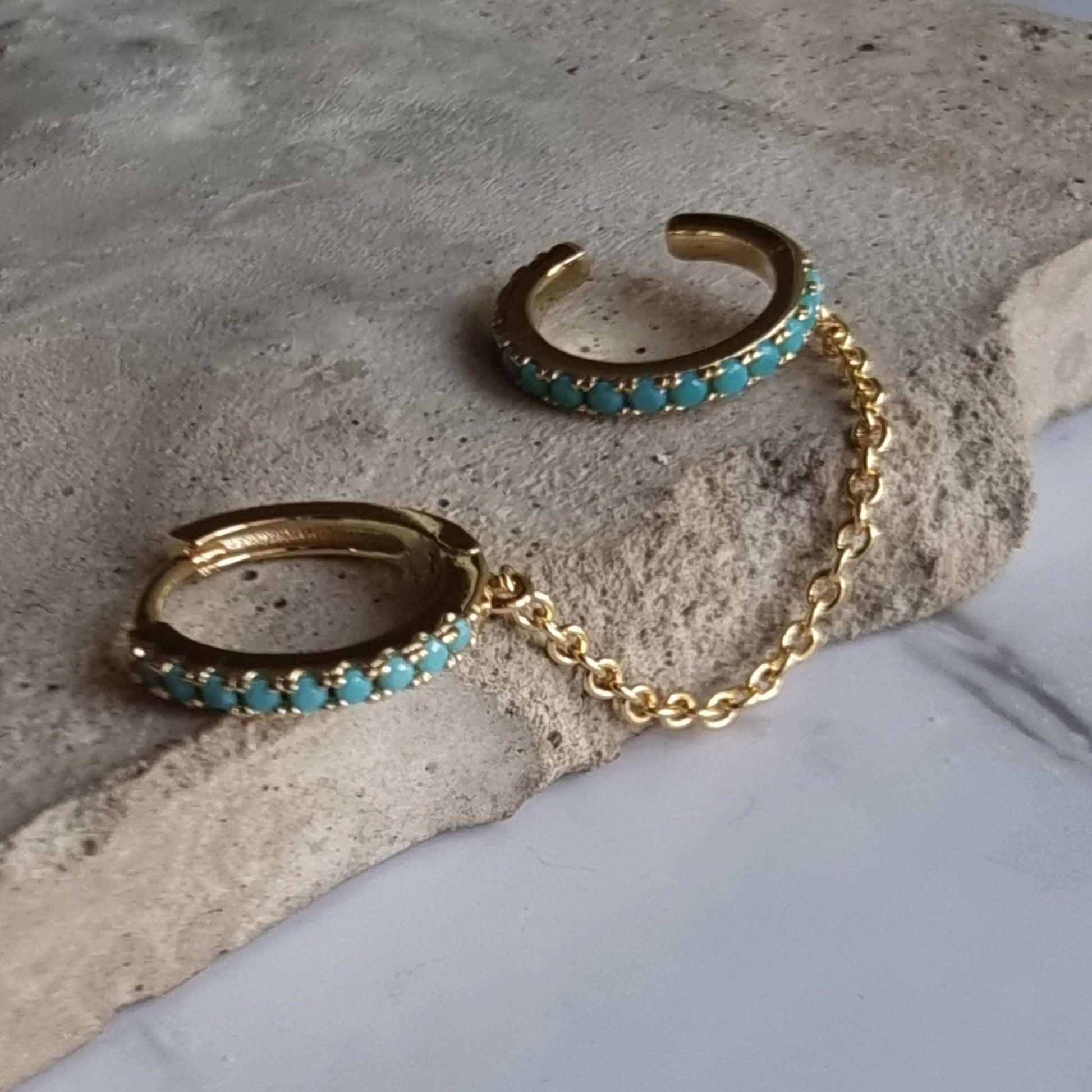 18K Gold Plated Sterling Silver 925 Turquoise 5A Zirconia Hoop to Cuff Linked with Gold Chain Earring