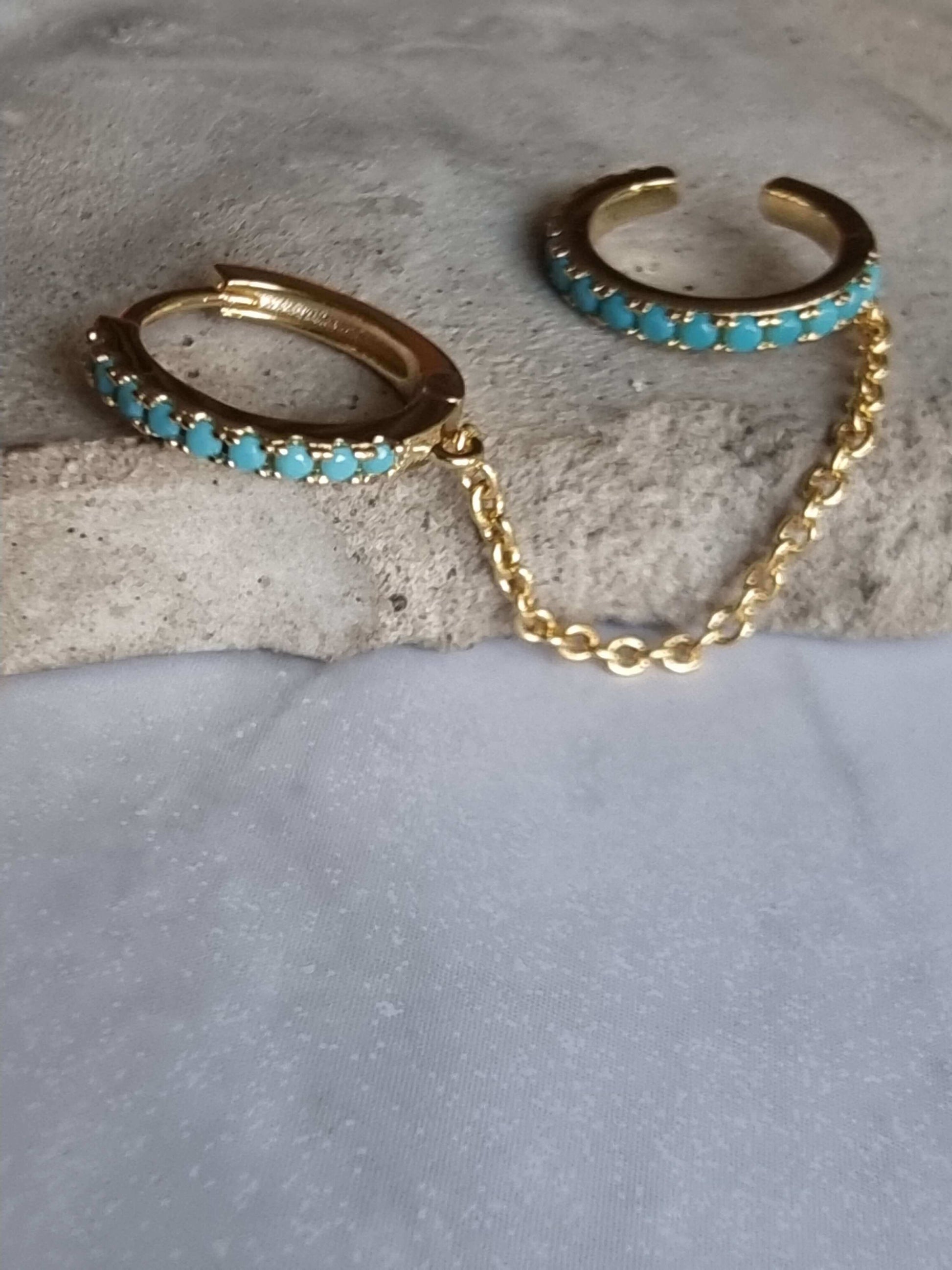 18K Gold Plated Sterling Silver 925 Turquoise 5A Zirconia Hoop to Cuff Linked with Gold Chain Earring