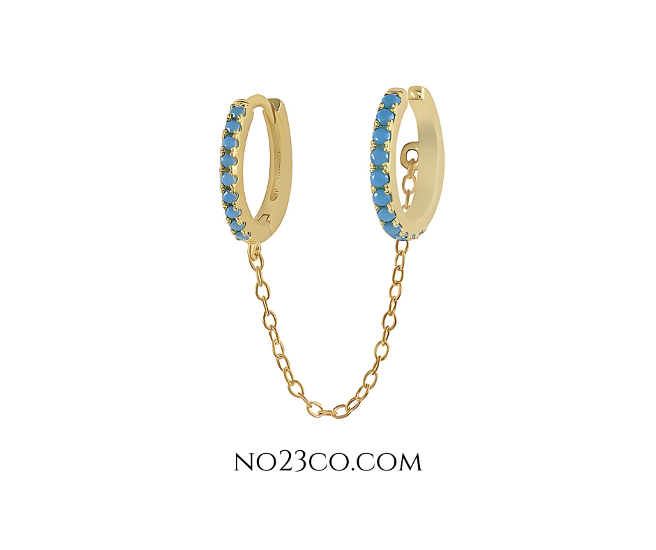 18K Gold Plated Sterling Silver 925 Turquoise Zirconia Hoop-Cuff Chain Earring Piercing - No23Co