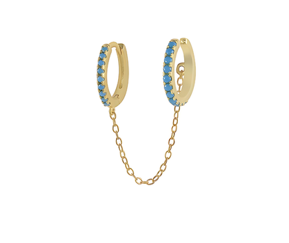 18K Gold Plated Sterling Silver 925 Turquoise Zirconia Hoop-to-Cuff Chain Ear Piercing