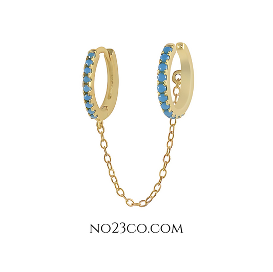18K gold-plated 925 sterling silver hoop-to-cuff chain ear piercing featuring a vibrant turquoise zirconia stone in a sleek, modern design.