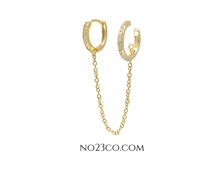 18K Gold Plated Sterling Silver 925 White Zirconia Hoop-Cuff Chain Earring Piercing - No23Co