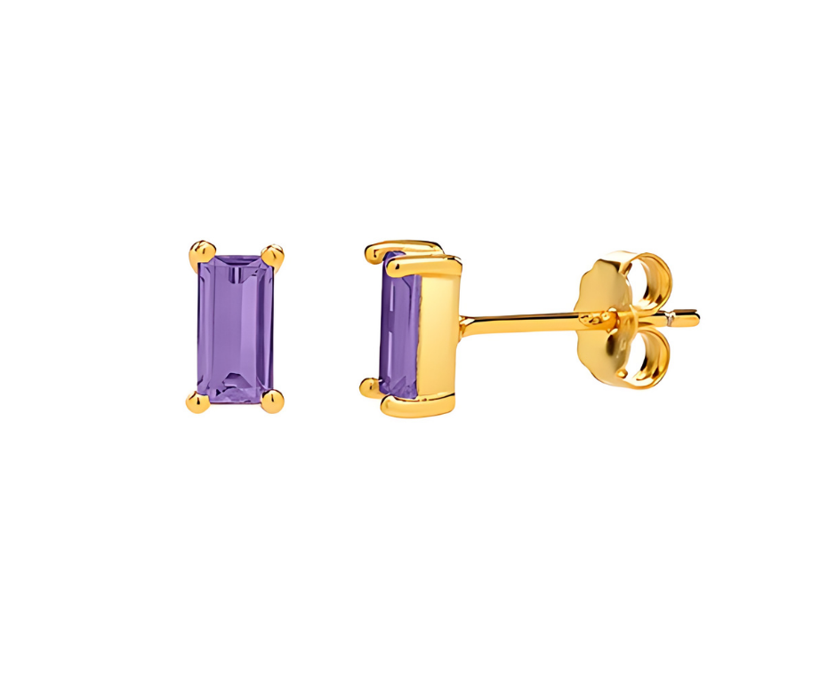 18K Gold Plated Sterling Silver Earrings Lilac/Purple Rectangle Stud - Ear Piercing