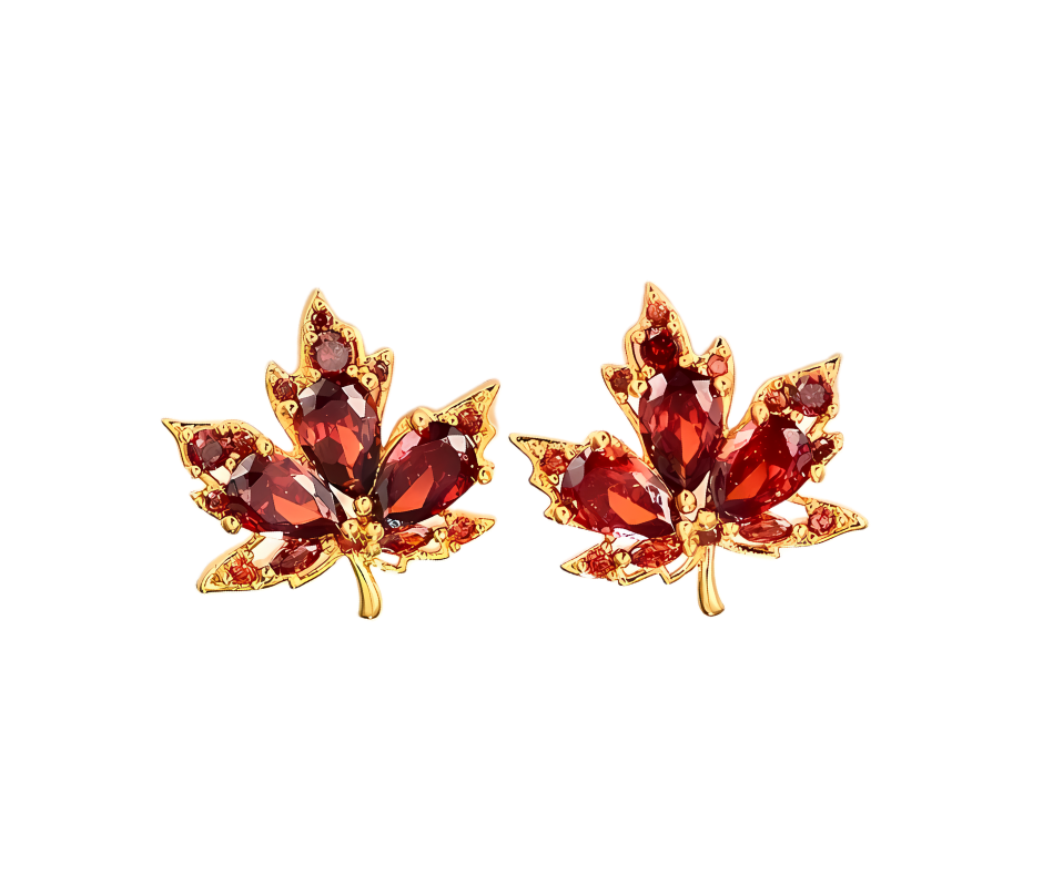 18K Gold Plated Sterling Silver Maple Leaf Stud Earrings with Brown Zirconia – Ear Piercing