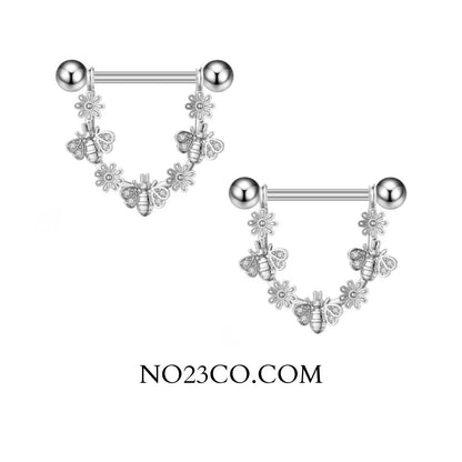 Dangle Nipple Piercing Bar Shields with Bees and Flowers – 14G Surgical Steel 316L