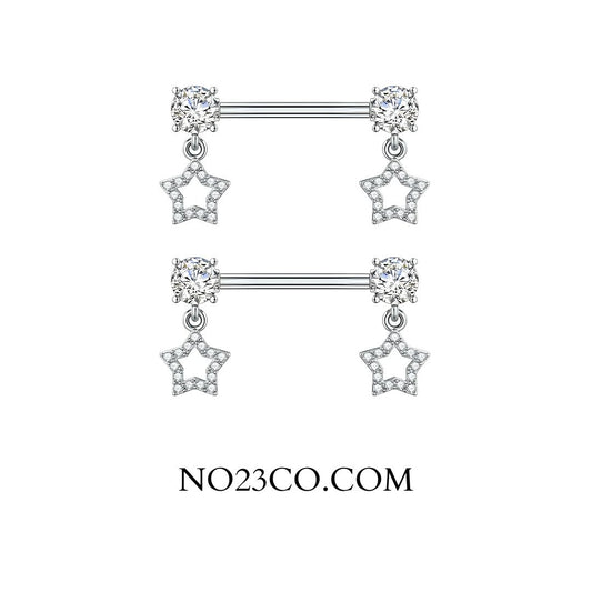 Silver Nipple Bars with Star Dangly Ends  - 14G Surgical Steel 316L