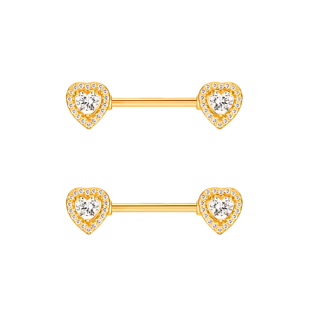 Heart Nipple Piercing Bars with Cubic Zirconia - 14G Gold Surgical Steel 316L