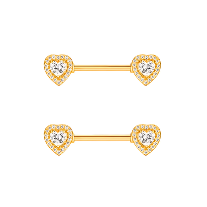 Heart Nipple Piercing Bars with Cubic Zirconia - 14G Gold Surgical Steel 316L
