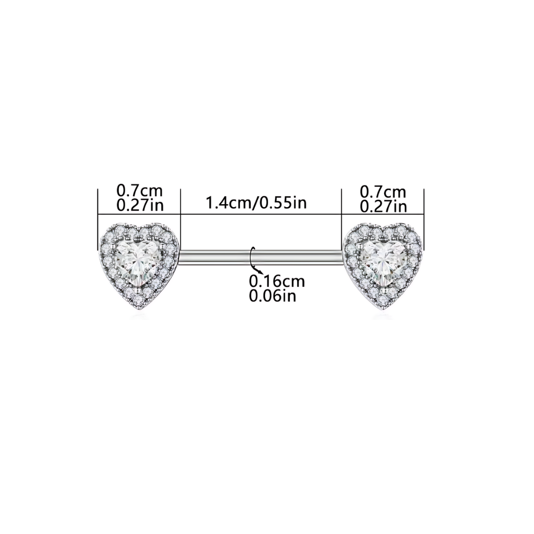 Heart Nipple Piercing Bars with Cubic Zirconia - 14G Gold Surgical Steel 316L